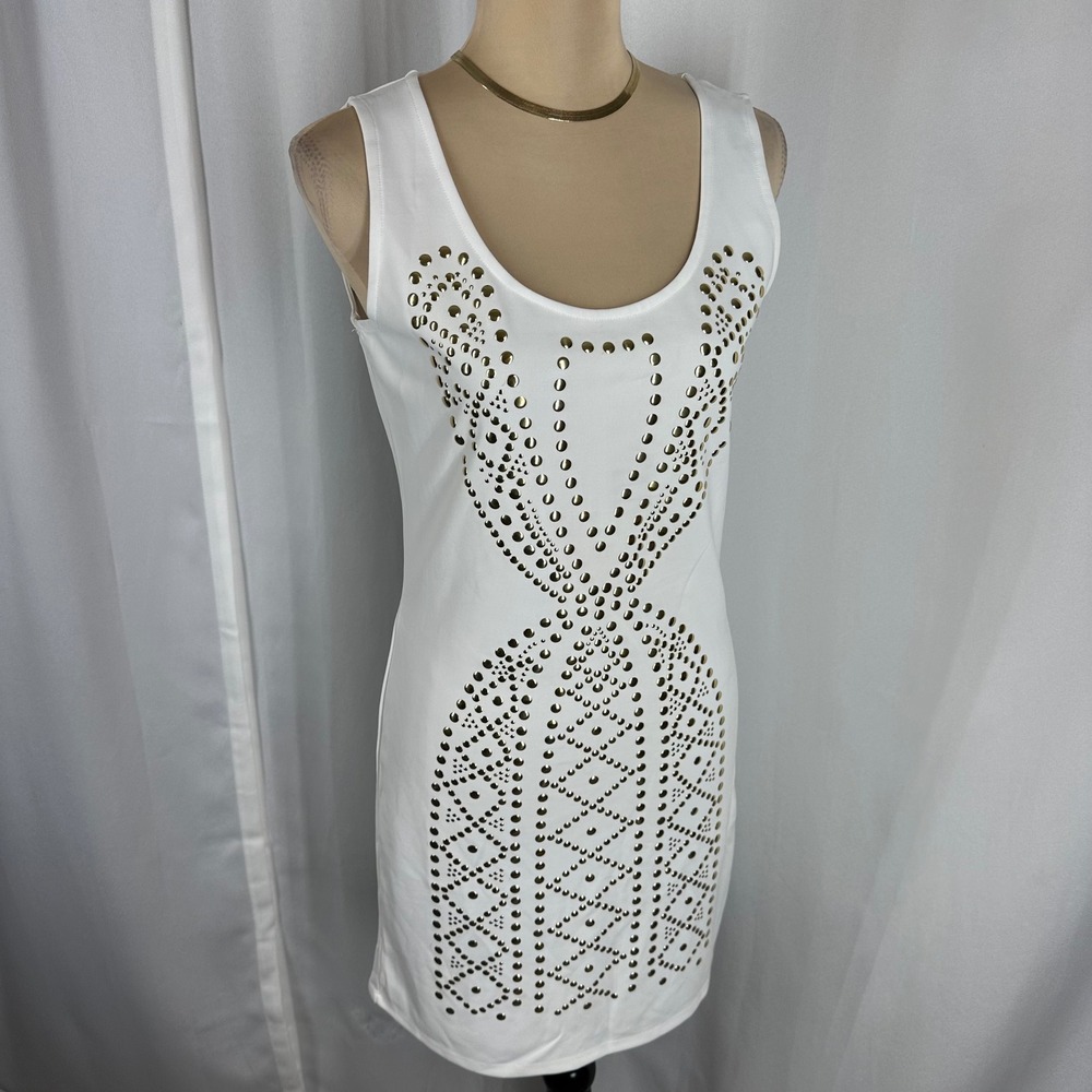 OVS Size L White Gold Accent Sleeveless Bodycon Sheath Dress READ